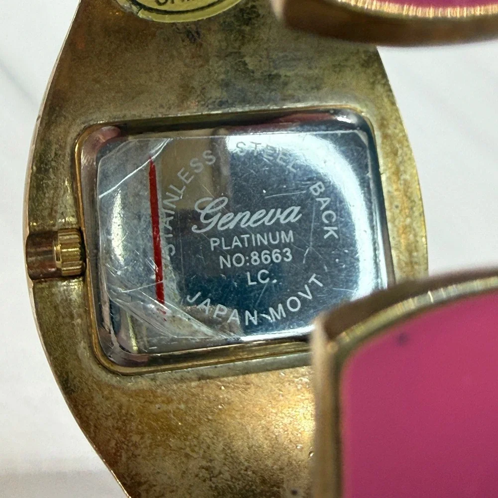 Geneva Platinum Pink Enamel Rhinestone Floral Cuff Watch 8663 Gold Tone
